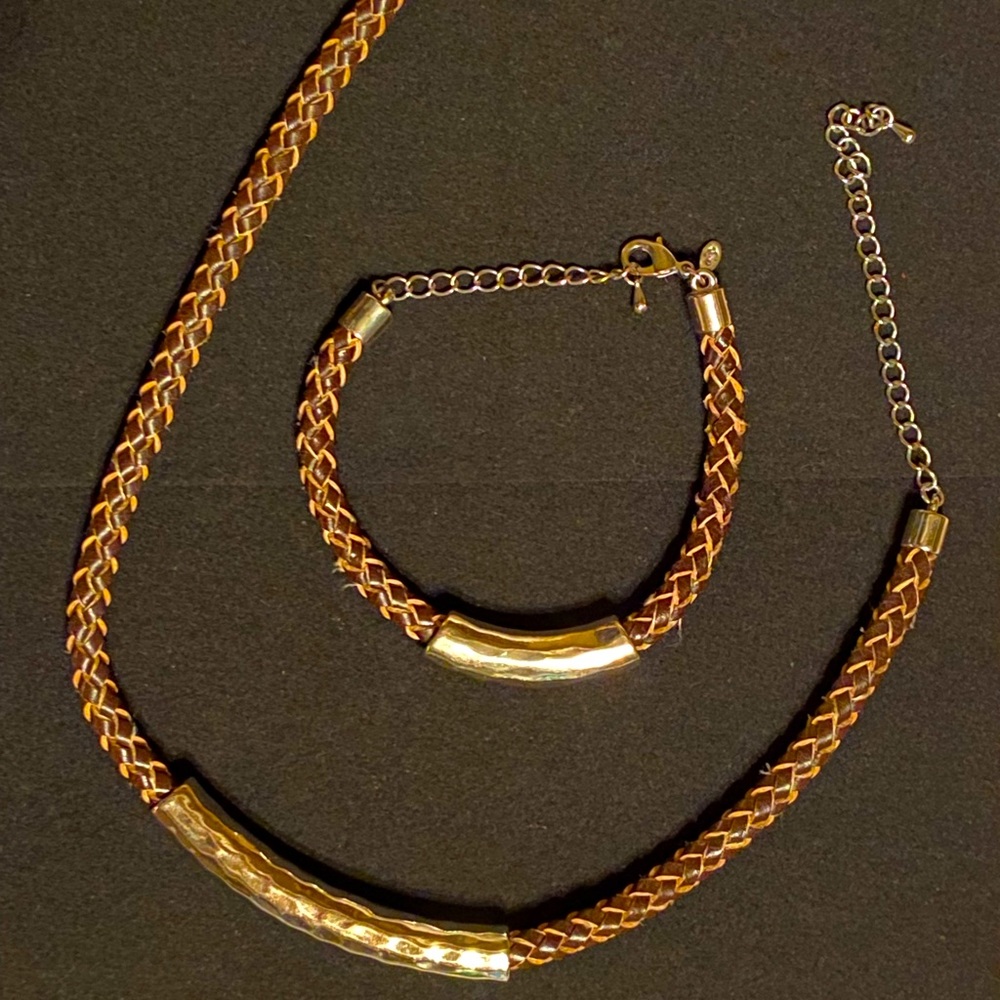 Premier Designs braided leather and silver necklace & bracelet set